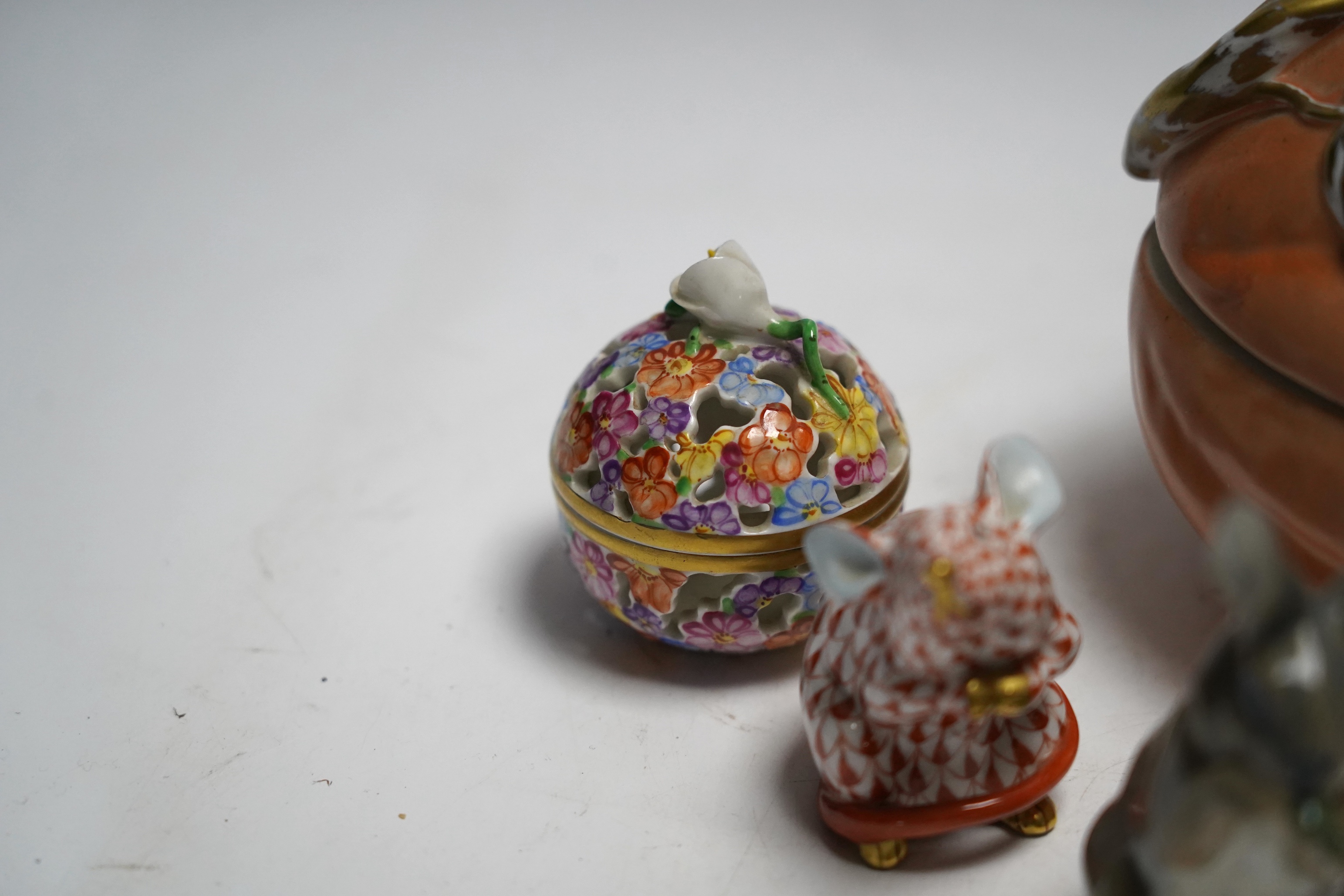 Two Herend red scale animals, other figures, trinkets and a group of Vista Allegre porcelain